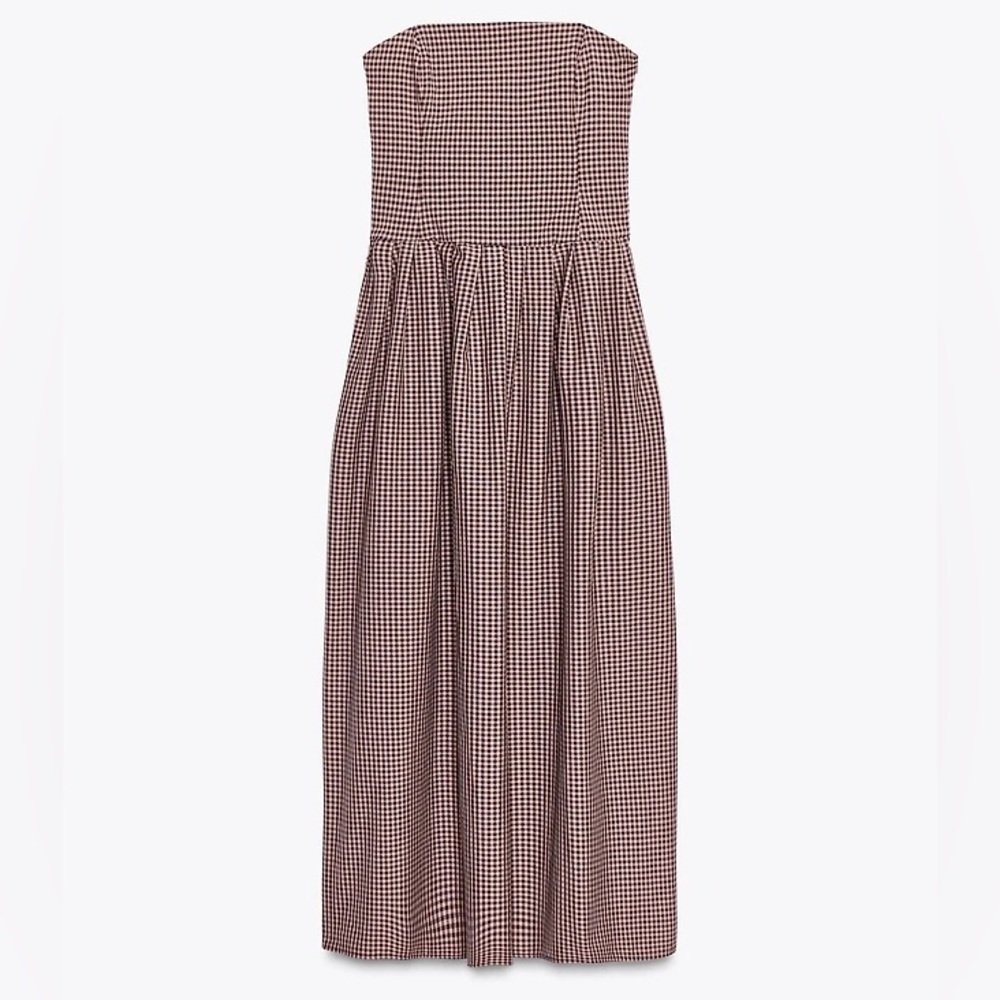 ZARA Gingham Strapless Midi Dress Pink & Black Check | XS NWT